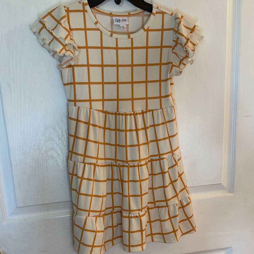 Gigi +Jax by LulaRoe’s Cream Tiered Dress with Mustard Windowpane Grid - Style
